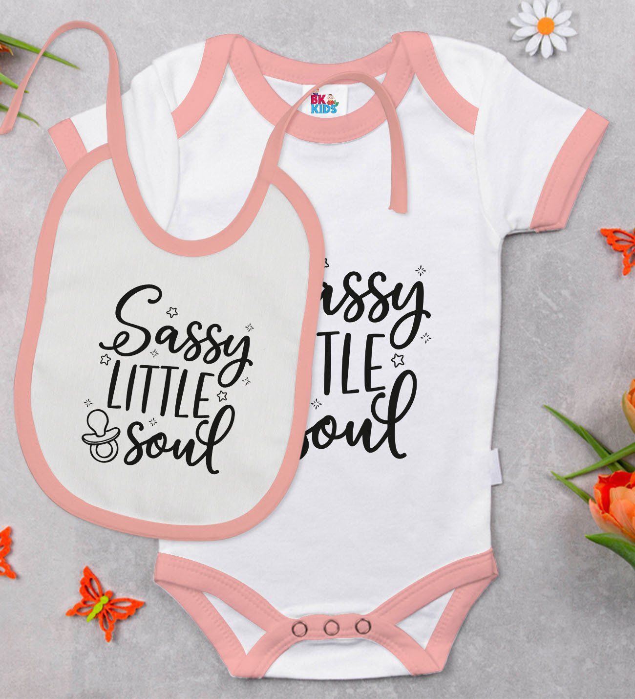 BK Kids Sassy Little Soul Tasarımlı Pembe Bebek Body Zıbın ve Mama Önlüğü Hediye Seti-1