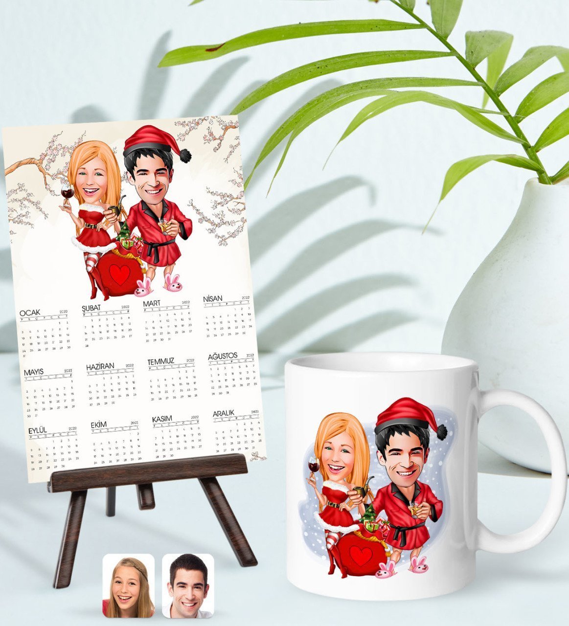 BK Gift Kişiye Özel Sevgililer Yılbaşı Karikatürlü Kupa Bardak ve 13x18cm Fotoğraf Kartlı Şövaleli 2023 Takvim Hediye Seti-5