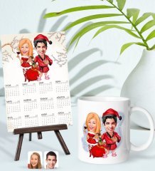 BK Gift Kişiye Özel Sevgililer Yılbaşı Karikatürlü Kupa Bardak ve 13x18cm Fotoğraf Kartlı Şövaleli 2023 Takvim Hediye Seti-5
