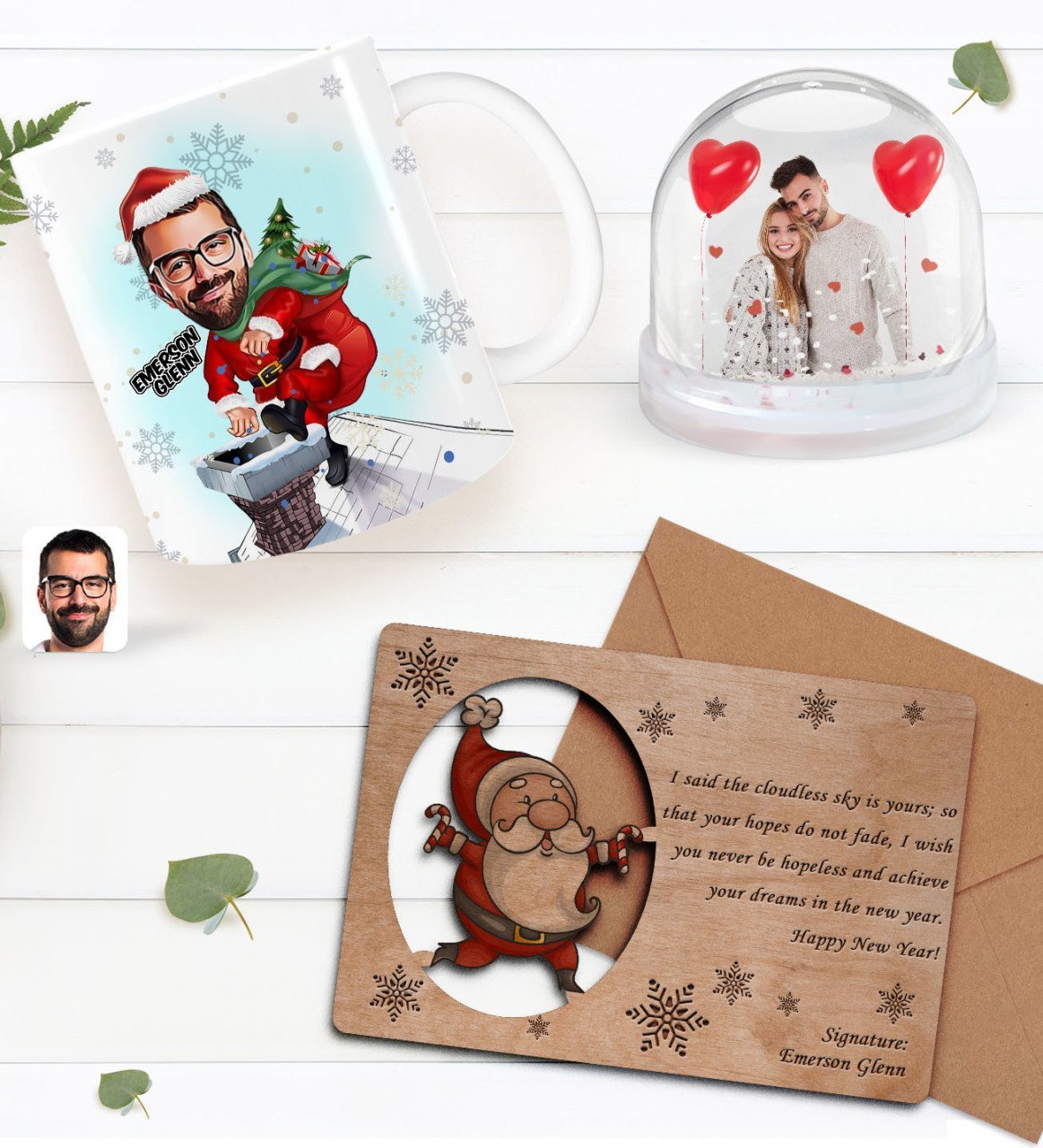 Kişiye Özel Fotoğraflı Kar Küresi & Happy New Year Kupa Bardak & Retro Ahşap Yılbaşı Tebrik Kartı Hediye Seti-11C