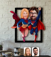 Kişiye Özel Süper Sevgililer Karikatürlü 3D Ahşap Tablo-2