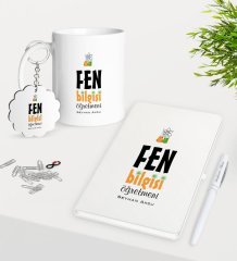 Kişiye Özel Fen Bilgisi Öğretmeni Kupa Anahtarlık Beyaz Defter Kalem Hediye Seti