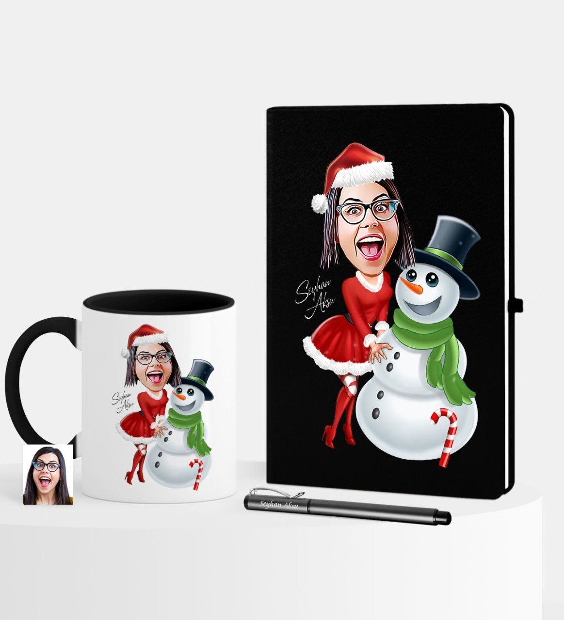Kişiye Özel Yılbaşı Temalı Bayan Karikatürlü Siyah Defter Kalem Kupa Seti - 3