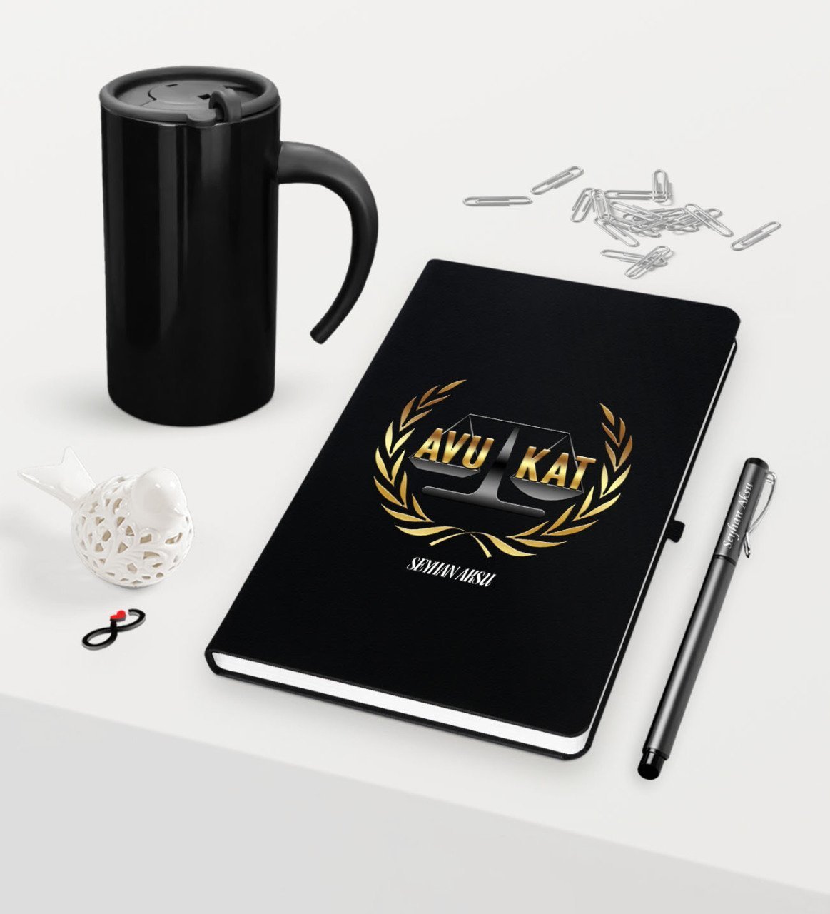 Kişiye Özel Avukat Temalı Siyah Defter Kalem ve Termos Mug Seti  - 1