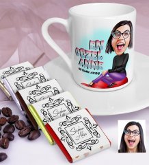 Kişiye Özel En Güzel Anne Karikatürlü Türk Kahvesi Fincanı ve Çikolata Seti