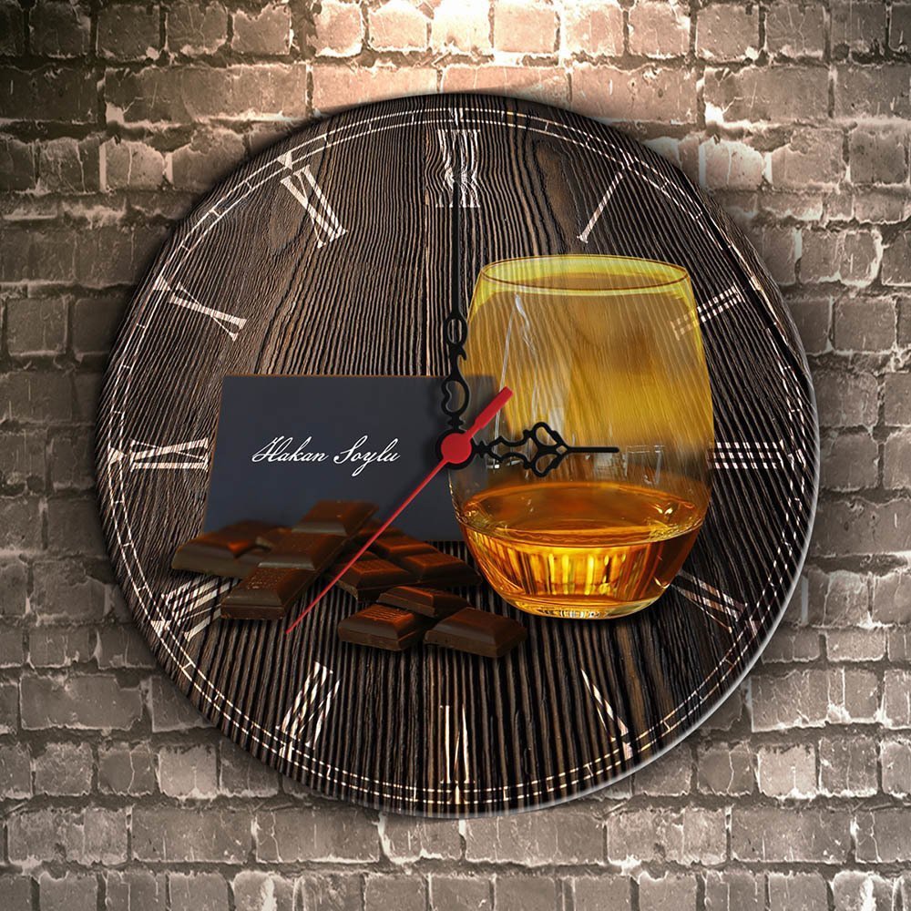 Kişiye Özel Whisky Glass Tasarımlı Dekoratif Ahşap Duvar Saati - 1