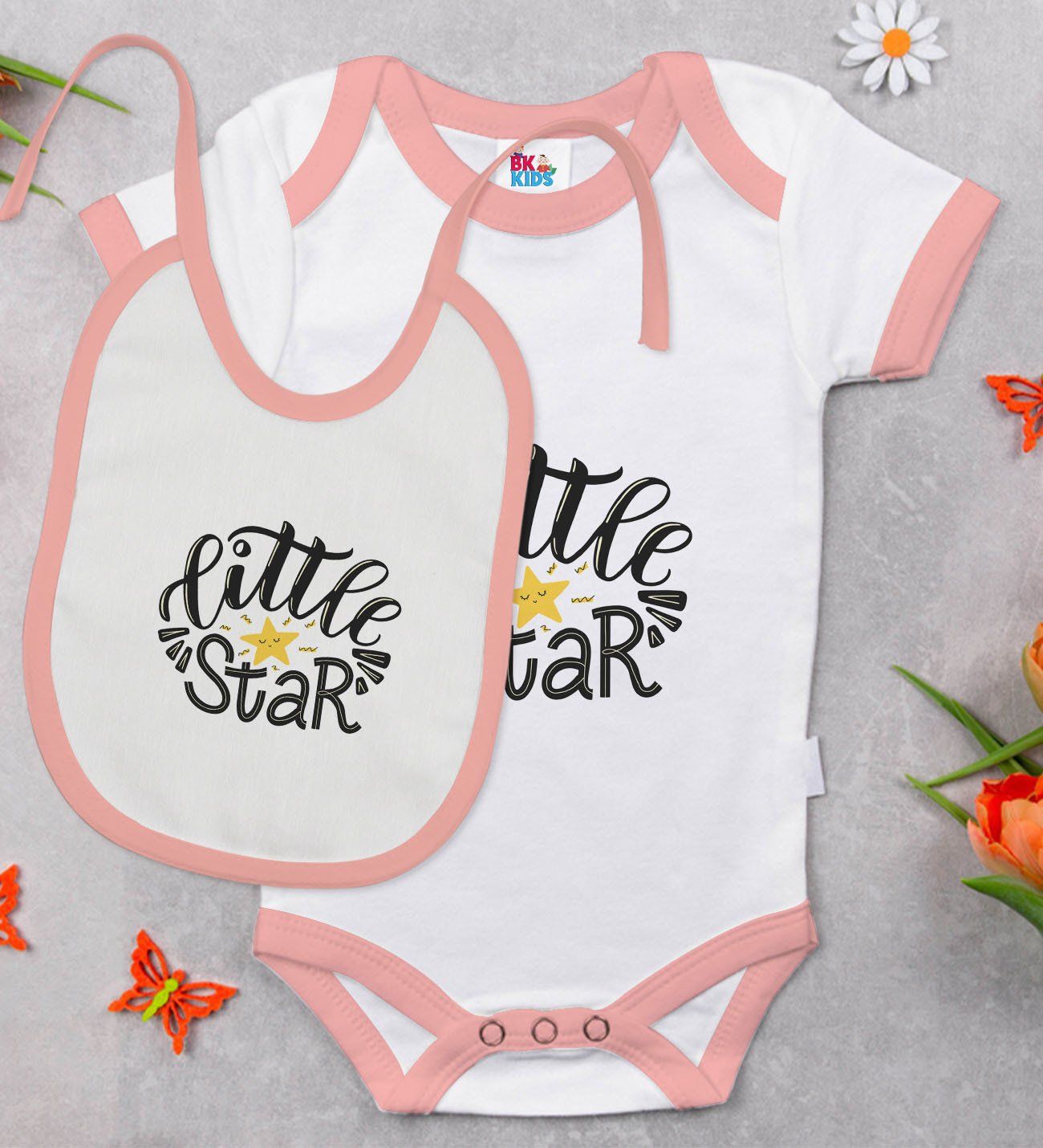 BK Kids Little Star Tasarımlı Pembe Bebek Body Zıbın ve Mama Önlüğü Hediye Seti-1