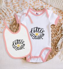 BK Kids Little Star Tasarımlı Pembe Bebek Body Zıbın ve Mama Önlüğü Hediye Seti-1