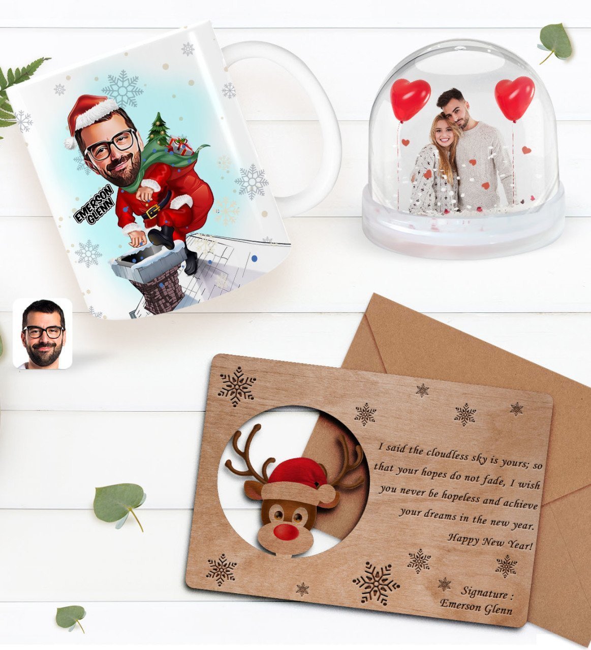 Kişiye Özel Fotoğraflı Kar Küresi & Happy New Year Kupa Bardak & Retro Ahşap Yılbaşı Tebrik Kartı Hediye Seti-11B