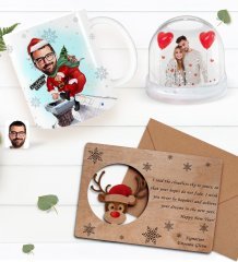 Kişiye Özel Fotoğraflı Kar Küresi & Happy New Year Kupa Bardak & Retro Ahşap Yılbaşı Tebrik Kartı Hediye Seti-11B