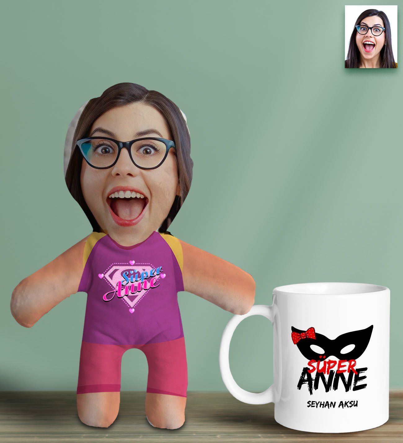 BK Gift Kişiye Özel Fotoğraflı Pembe Süper Anne Bebek Yastık ve Kupa Bardak Hediye Seti-6, Anneye Hediye, Anneler Günü Hediyeleri