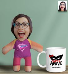 BK Gift Kişiye Özel Fotoğraflı Pembe Süper Anne Bebek Yastık ve Kupa Bardak Hediye Seti-6, Anneye Hediye, Anneler Günü Hediyeleri