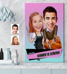Kişiye Özel Aşçı Çift Karikatür Kanvas Tablo (50 x 70 cm.) 2