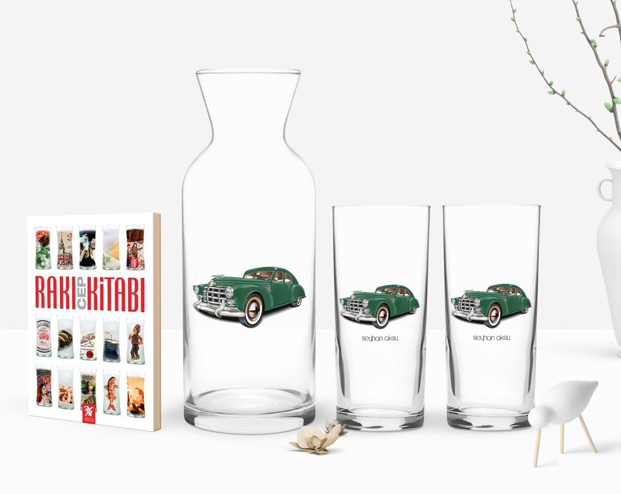 Kişiye Özel Renkli Baskılı Retro Otomobil Tasarımlı İkili Rakı Bardağı Karaf ve Cep Kitabı Hediye Seti-3
