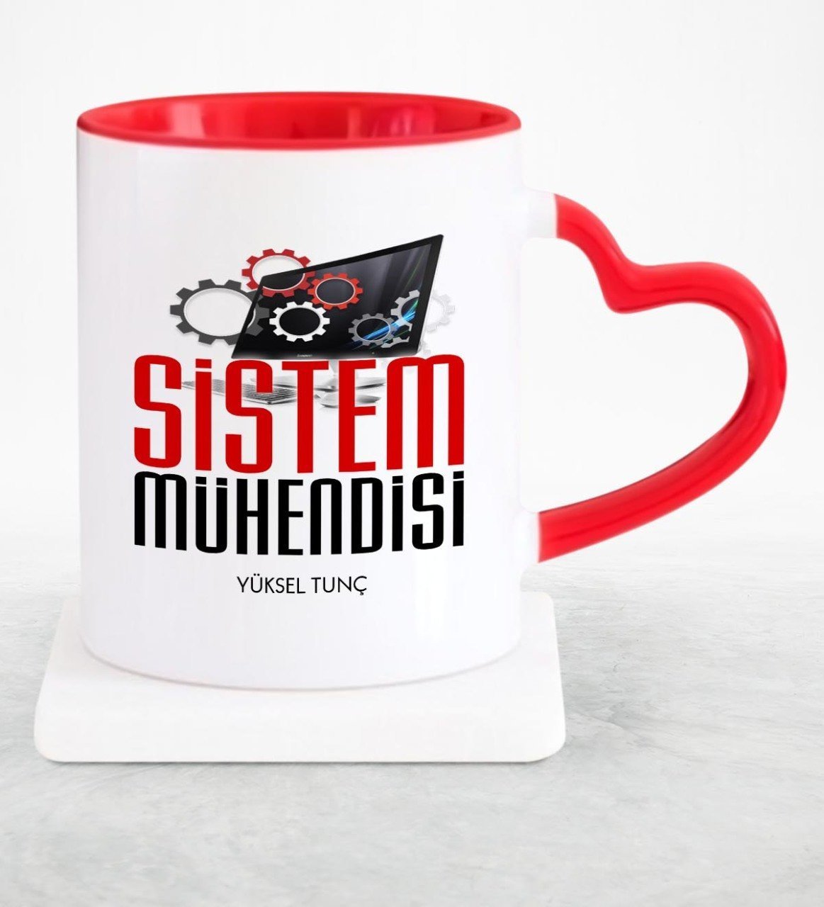 Kişiye Özel Mesleki Sistem Mühendisi Kırmızı Kalpli Kupa Bardak - 2