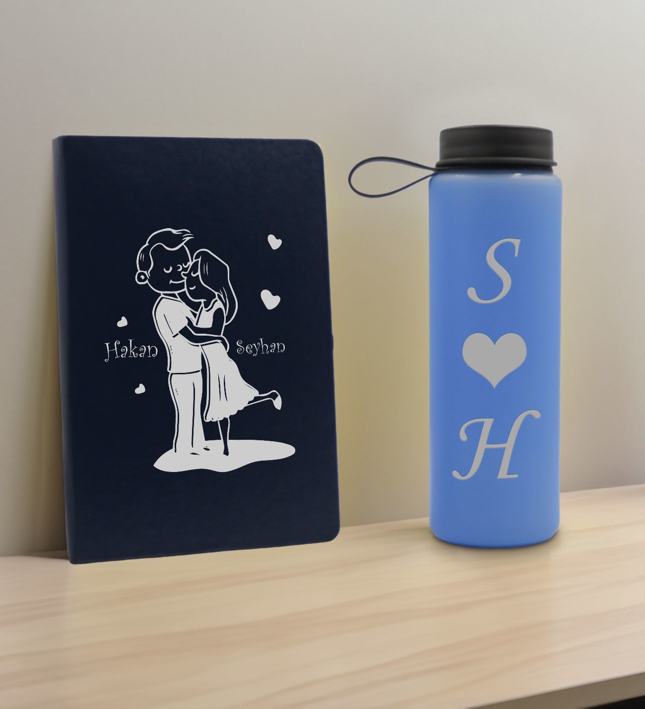 BK Gift Sevgiliye Özel İsimli Lacivert Defter ve Mavi Cam Matara Hediye Seti-5, Sevgiliye Hediye, Sevgililer Günü, Yeni İş Hediyesi