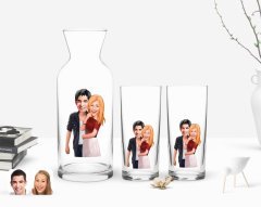 Kişiye Özel Renkli Baskılı Sevgililer Karikatürlü İkili Rakı Bardağı ve Karaf Hediye Seti-90