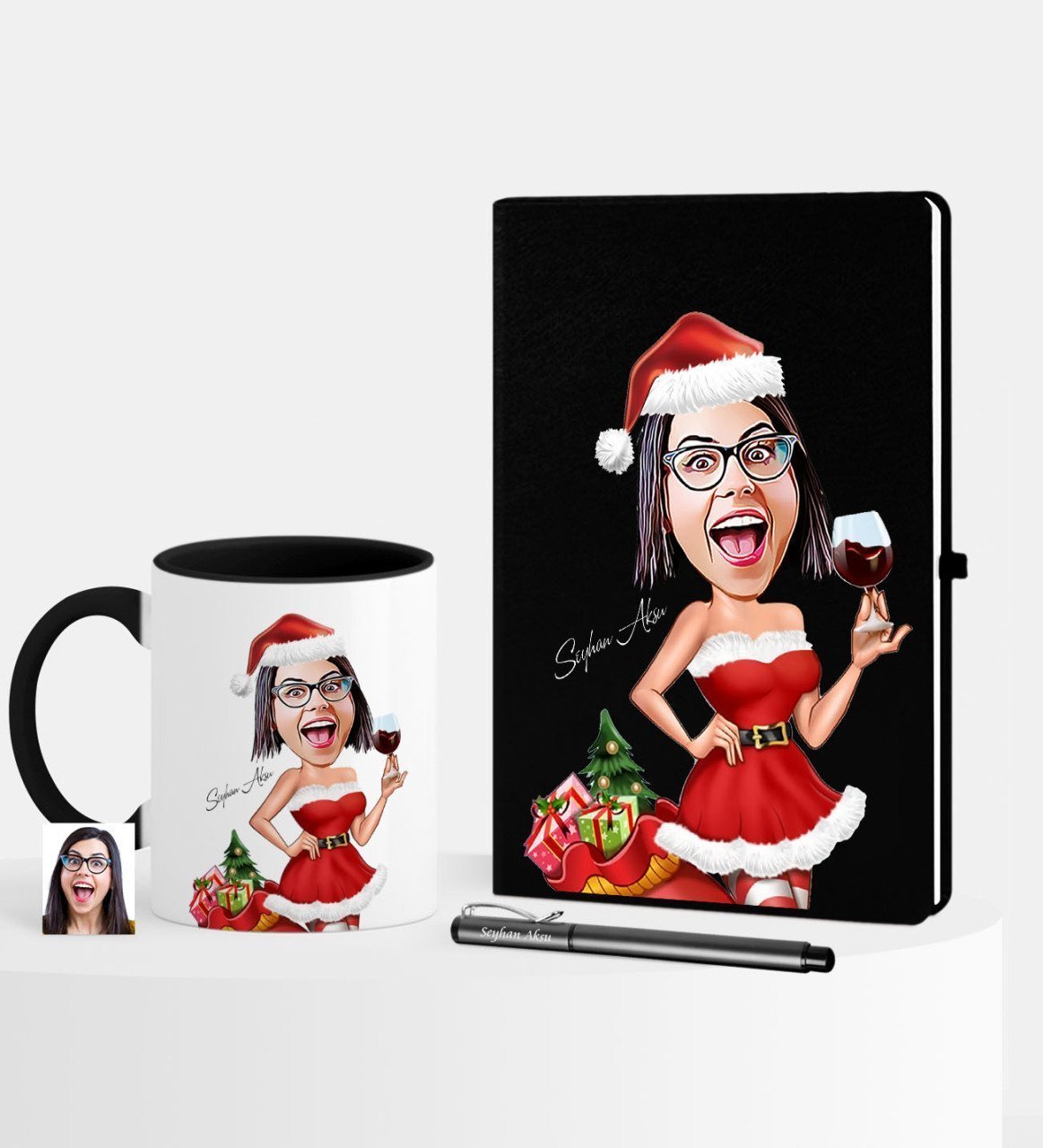 Kişiye Özel Yılbaşı Temalı Bayan Karikatürlü Siyah Defter Kalem Kupa Seti - 2