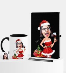 Kişiye Özel Yılbaşı Temalı Bayan Karikatürlü Siyah Defter Kalem Kupa Seti - 2