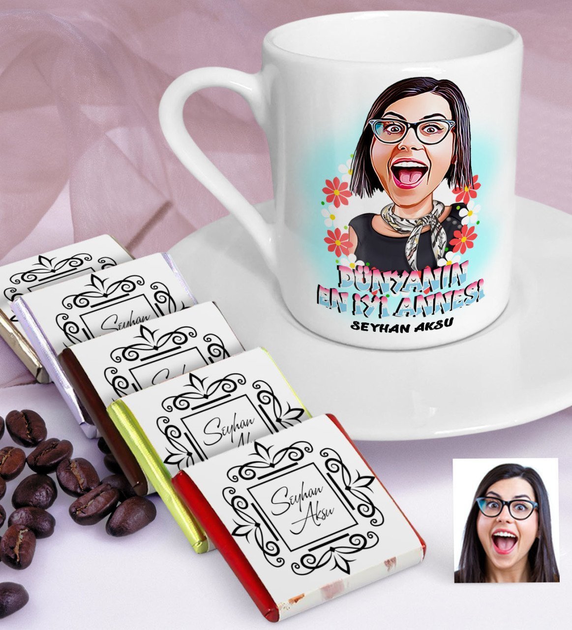 Kişiye Özel En İyi Anne Karikatürlü Türk Kahvesi Fincanı ve Çikolata Seti