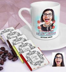 Kişiye Özel En İyi Anne Karikatürlü Türk Kahvesi Fincanı ve Çikolata Seti