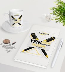 Kişiye Özel Yeni İşinde Başarılar Dilerim Beyaz Defter Kalem Türk Kahvesi Fincanı Seti-5
