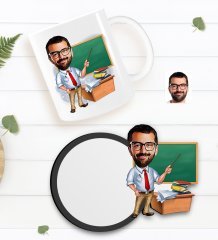 Kişiye Özel Erkek Öğretmen Karikatürlü Beyaz Kupa ve Ahşap Bardak Altlığı Hediye Seti-1