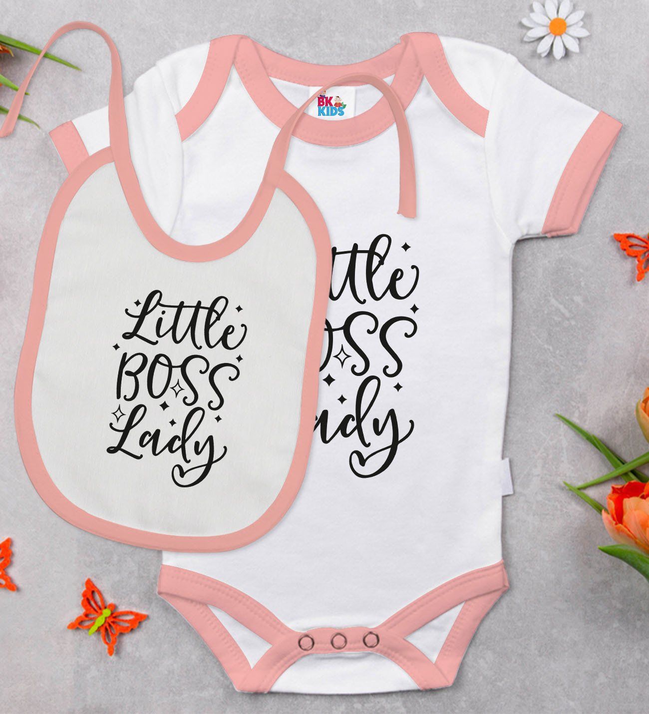 BK Kids Little Boss Lady Tasarımlı Pembe Bebek Body Zıbın ve Mama Önlüğü Hediye Seti-1