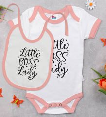 BK Kids Little Boss Lady Tasarımlı Pembe Bebek Body Zıbın ve Mama Önlüğü Hediye Seti-1