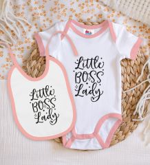 BK Kids Little Boss Lady Tasarımlı Pembe Bebek Body Zıbın ve Mama Önlüğü Hediye Seti-1