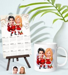 BK Gift Kişiye Özel Sevgililer Yılbaşı Karikatürlü Kupa Bardak ve 13x18cm Fotoğraf Kartlı Şövaleli 2023 Takvim Hediye Seti-3