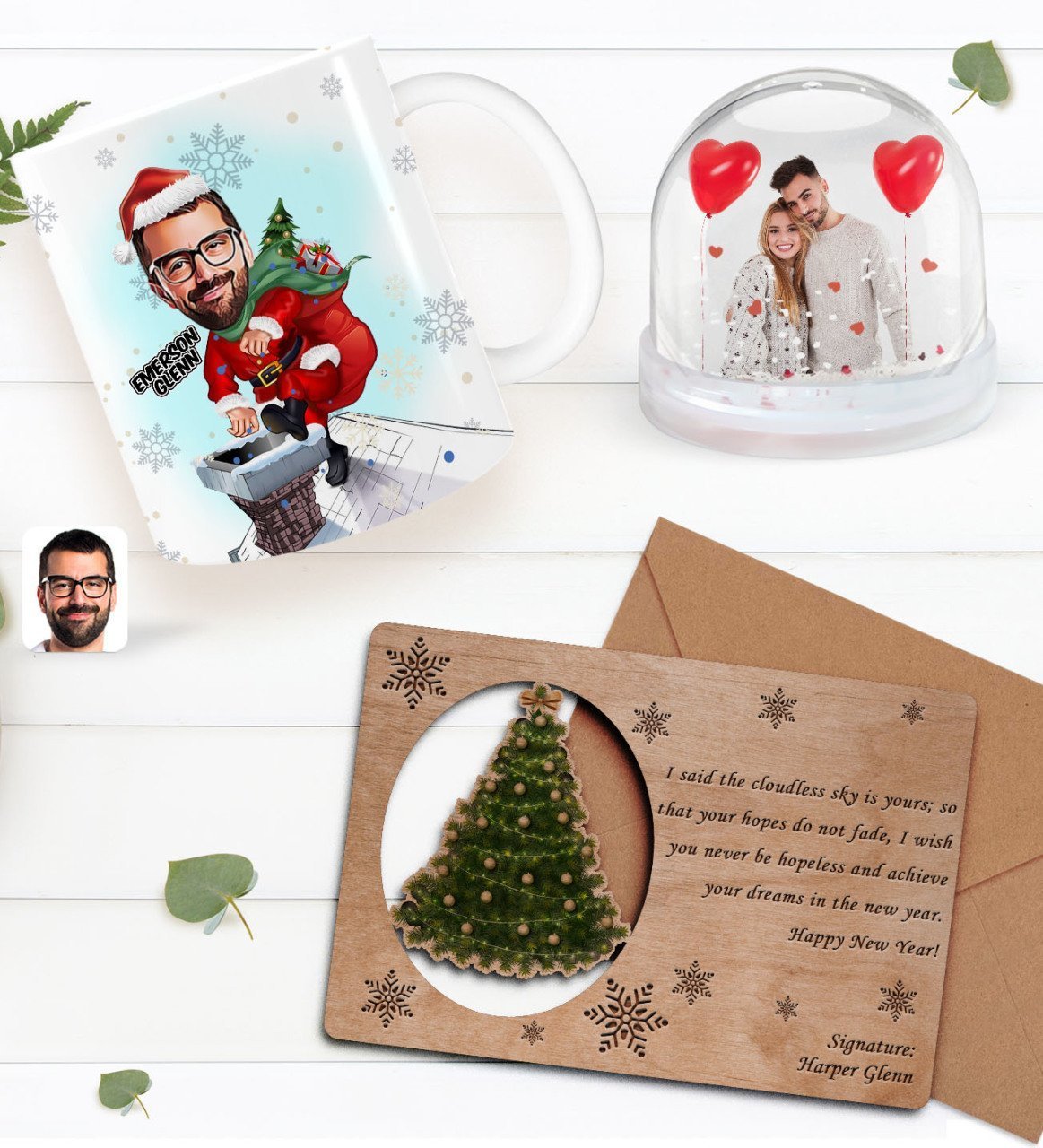 Kişiye Özel Fotoğraflı Kar Küresi & Happy New Year Kupa Bardak & Retro Ahşap Yılbaşı Tebrik Kartı Hediye Seti-11A