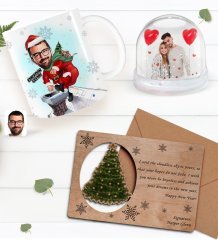 Kişiye Özel Fotoğraflı Kar Küresi & Happy New Year Kupa Bardak & Retro Ahşap Yılbaşı Tebrik Kartı Hediye Seti-11A
