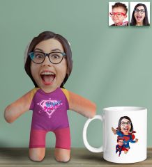 BK Gift Kişiye Özel Fotoğraflı Pembe Süper Anne Bebek Yastık ve Kupa Bardak Hediye Seti-5, Anneye Hediye, Anneler Günü Hediyeleri