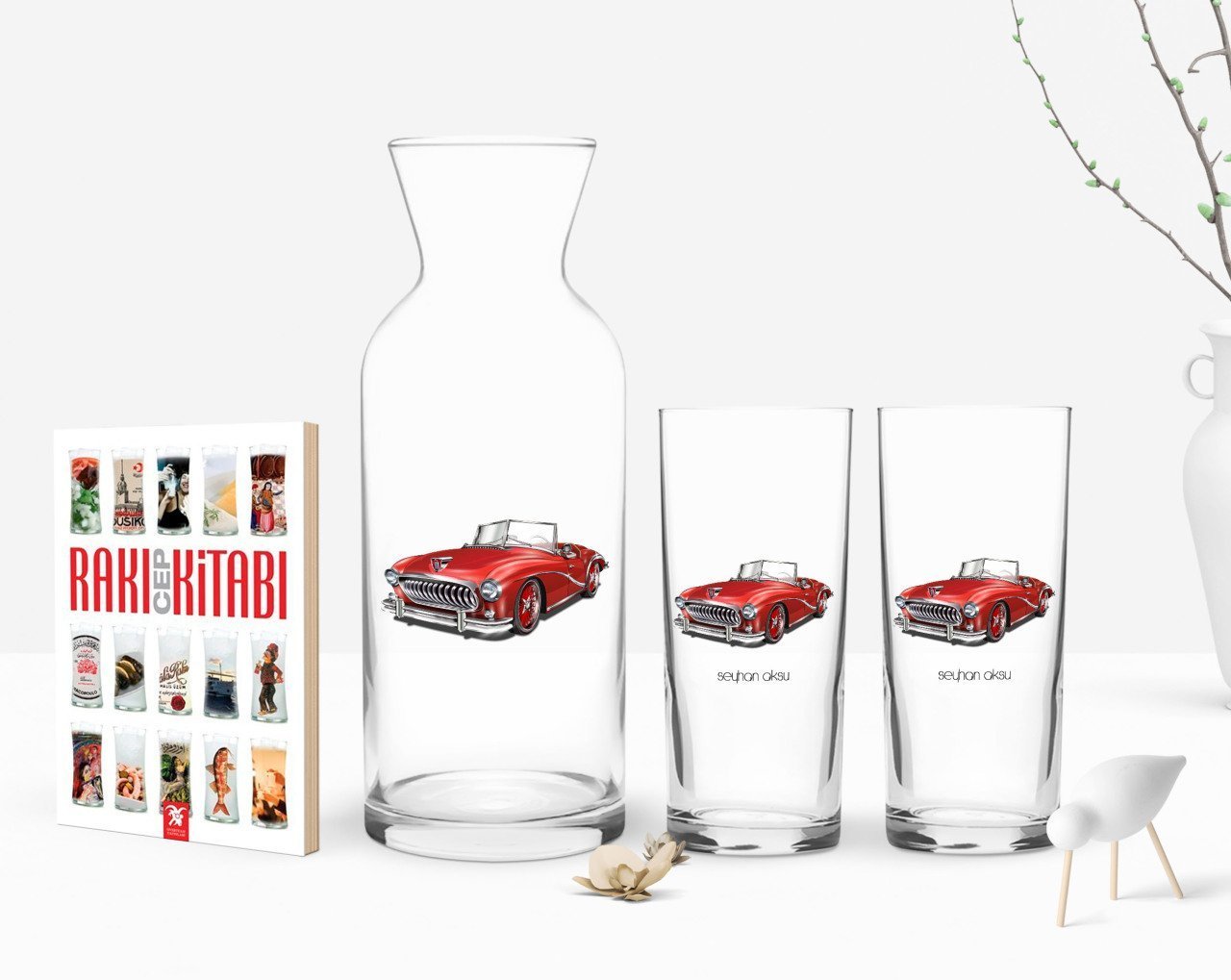 Kişiye Özel Renkli Baskılı Retro Otomobil Tasarımlı İkili Rakı Bardağı Karaf ve Cep Kitabı Hediye Seti-2