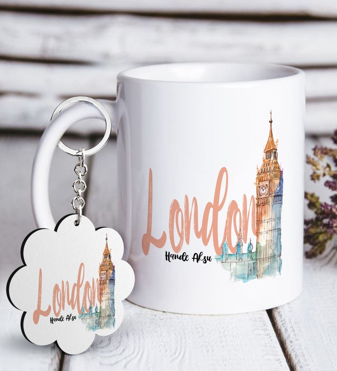 Kişiye Özel London Beyaz Kupa ve Anahtarlık Hediye Seti-2