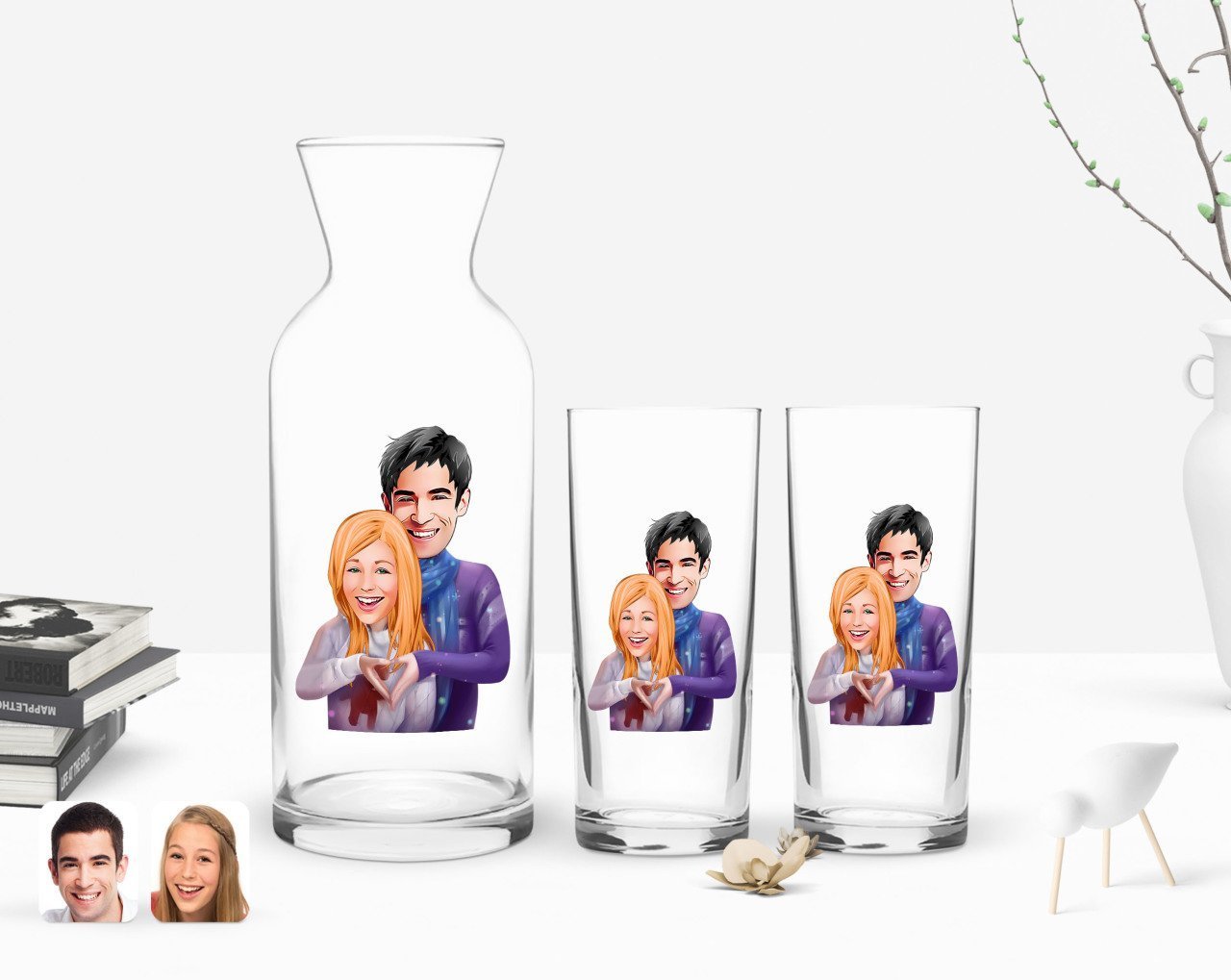 Kişiye Özel Renkli Baskılı Sevgililer Karikatürlü İkili Rakı Bardağı ve Karaf Hediye Seti-89