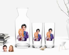 Kişiye Özel Renkli Baskılı Sevgililer Karikatürlü İkili Rakı Bardağı ve Karaf Hediye Seti-89