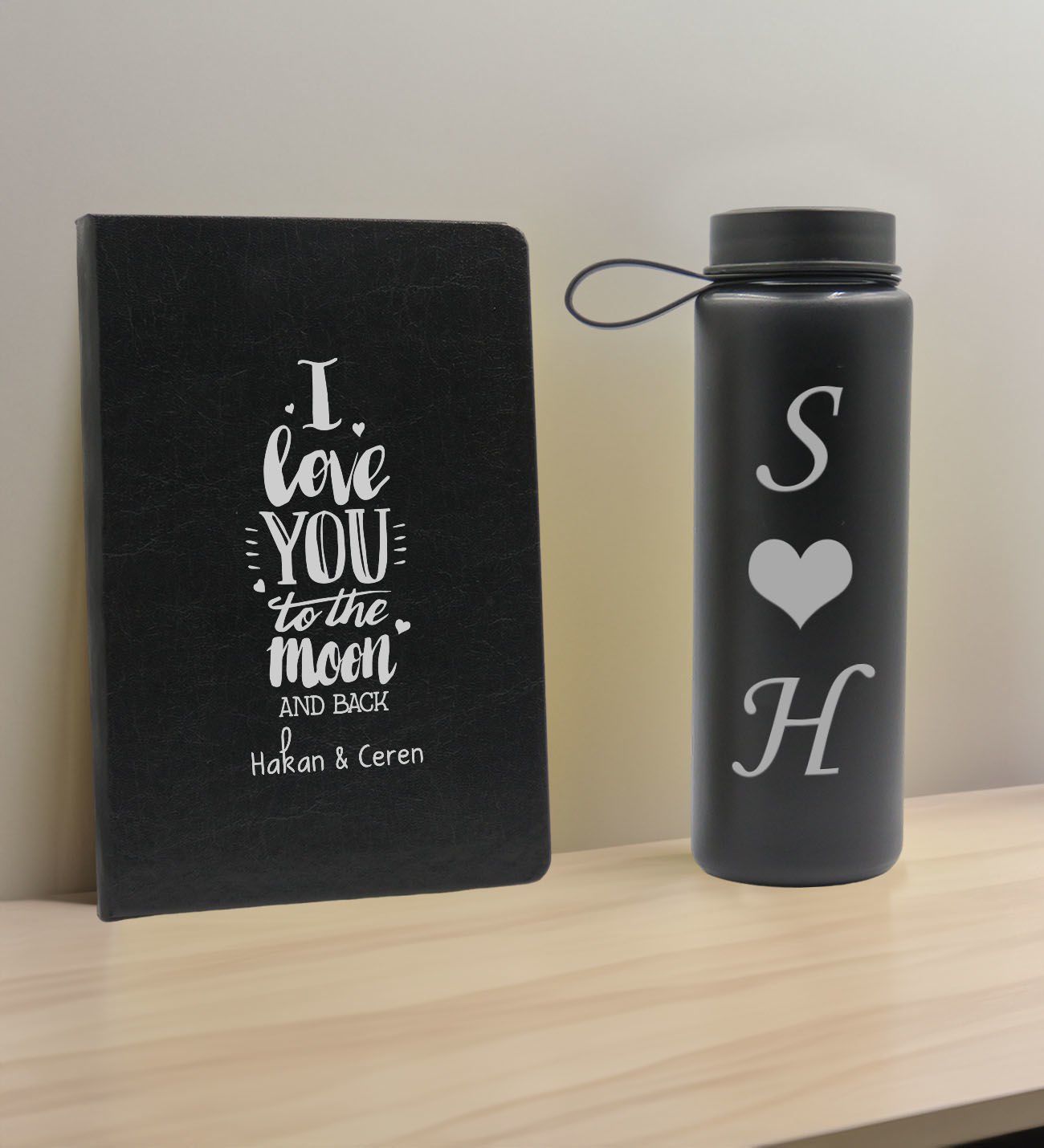 BK Gift Sevgiliye Özel İsimli Siyah Defter ve Cam Matara Hediye Seti-2, Sevgiliye Hediye, Sevgililer Günü, Yeni İş Hediyesi