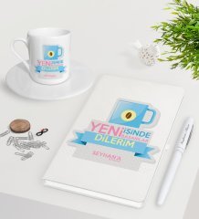 Kişiye Özel Yeni İşinde Başarılar Dilerim Beyaz Defter Kalem Türk Kahvesi Fincanı Seti-4