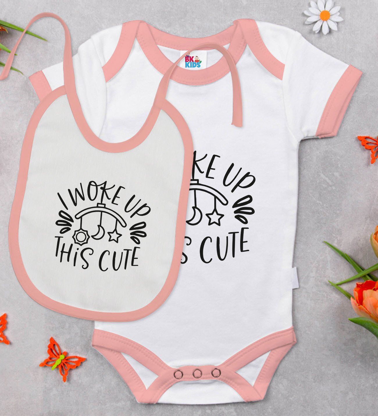 BK Kids This Cute Tasarımlı Pembe Bebek Body Zıbın ve Mama Önlüğü Hediye Seti-1