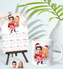 BK Gift Kişiye Özel Sevgililer Yılbaşı Karikatürlü Kupa Bardak ve 13x18cm Fotoğraf Kartlı Şövaleli 2023 Takvim Hediye Seti-2