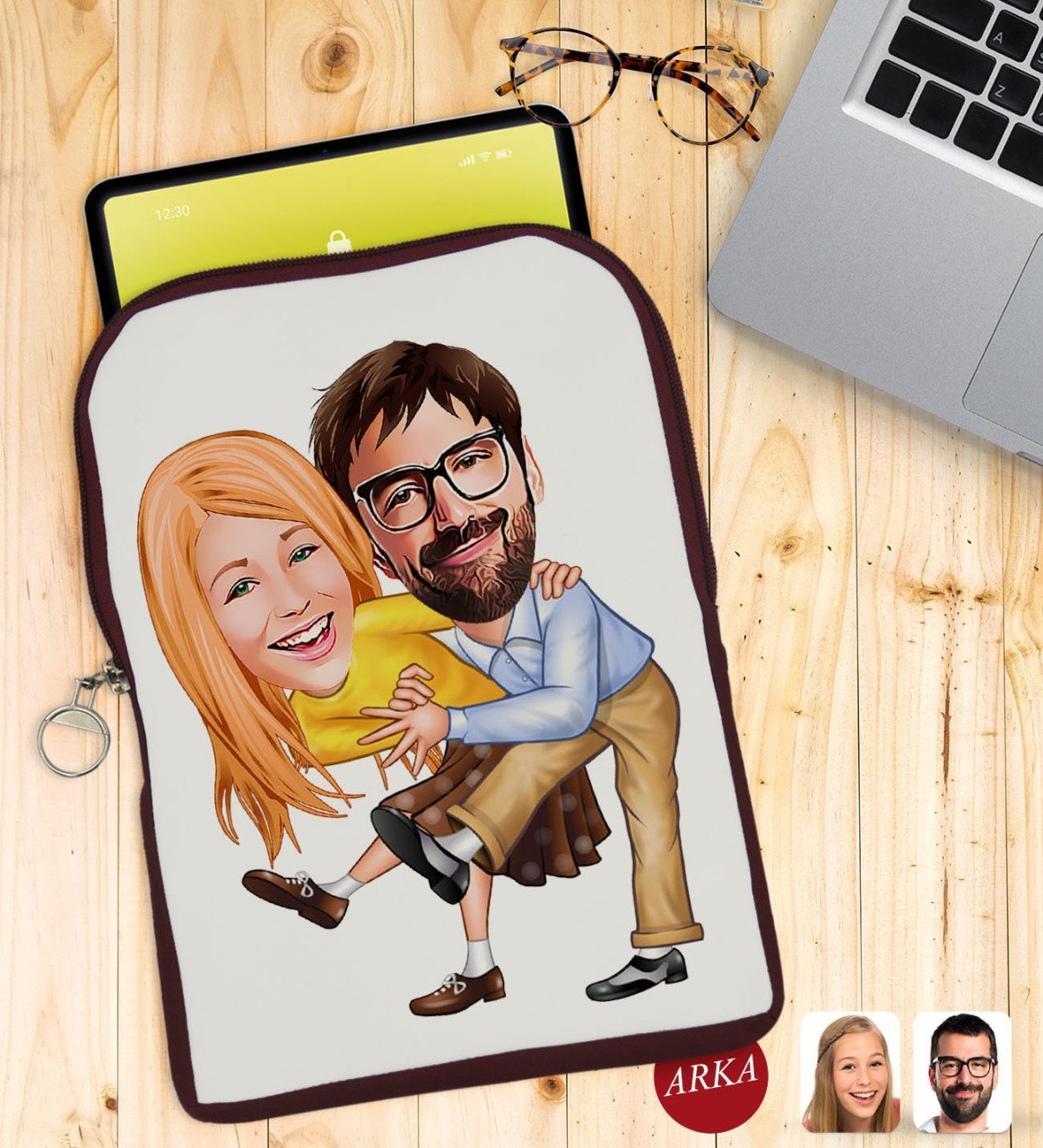 Kişiye Özel Sevgililer Karikatürlü Taşınabilir Koruyucu Tablet Kılıfı & Organizer Çanta - Bordo-102