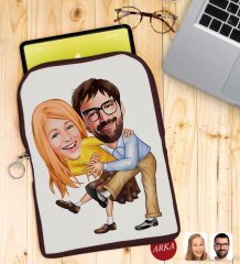 Kişiye Özel Sevgililer Karikatürlü Taşınabilir Koruyucu Tablet Kılıfı & Organizer Çanta - Bordo-102