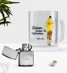 Kişiye Özel Babam Bildiğim Tek Kahraman Cam Kupa Bardak Benzinli Çakmak Seti