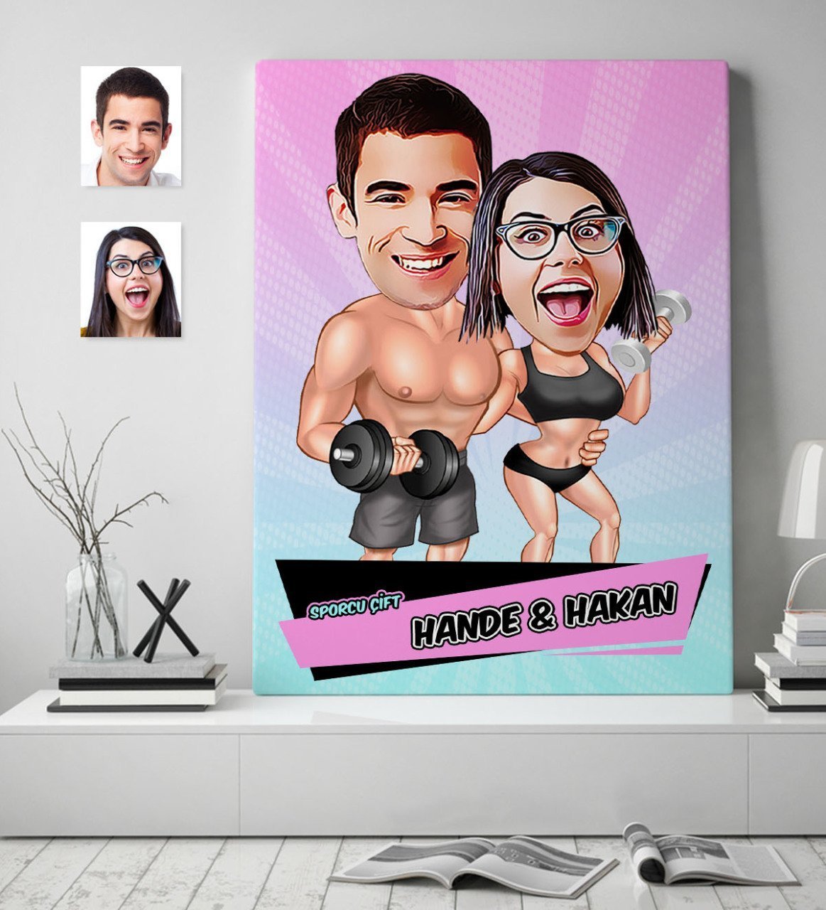 Kişiye Özel Sporcu Çift Karikatür Kanvas Tablo (70 x 100 cm.) 2