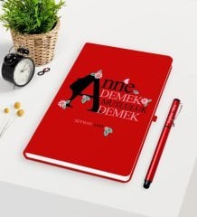Kişiye Özel Anne Demek Mutluluk Demek Kırmızı Defter Kalem Seti