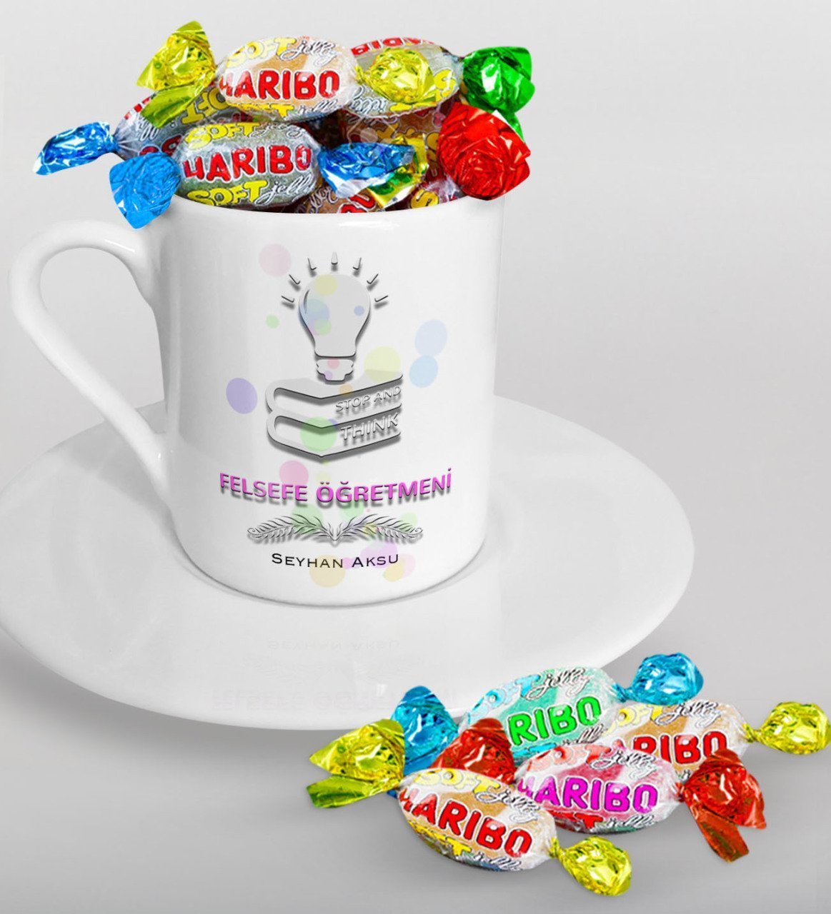 Kişiye Özel Felsefe Öğretmeni Türk Kahvesi Fincanı ve Haribo Şeker Hediye Seti-2