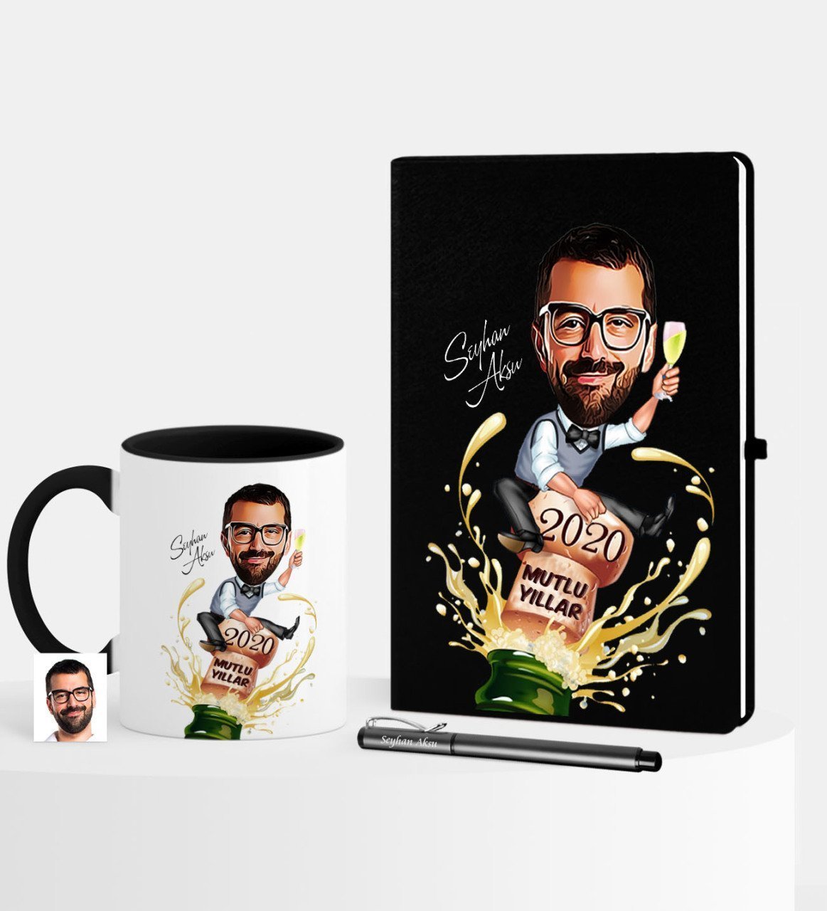 Kişiye Özel Yılbaşı Temalı Bay Karikatürlü Siyah Defter Kalem Kupa Seti - 6