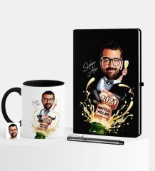 Kişiye Özel Yılbaşı Temalı Bay Karikatürlü Siyah Defter Kalem Kupa Seti - 6